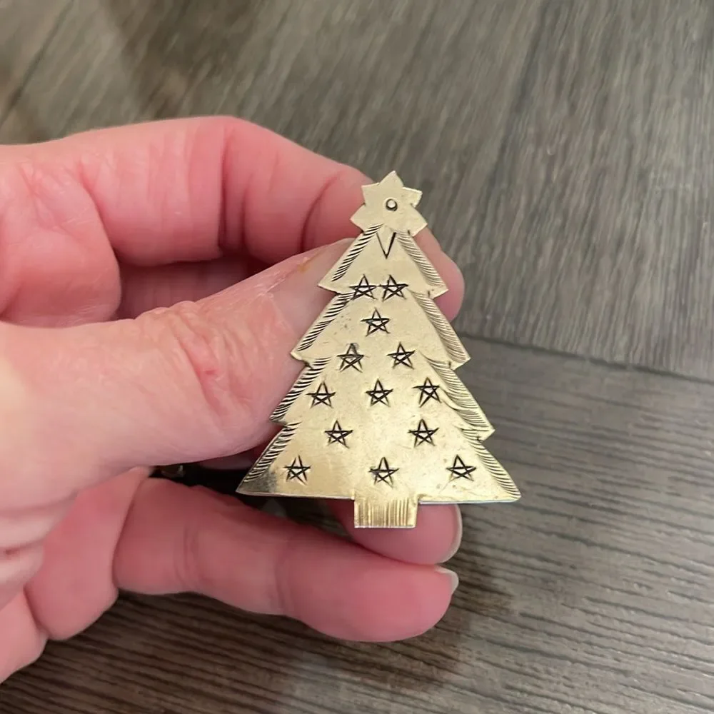 Vintage Brass Christmas Tree Pin with Etched Design Holiday Brooch